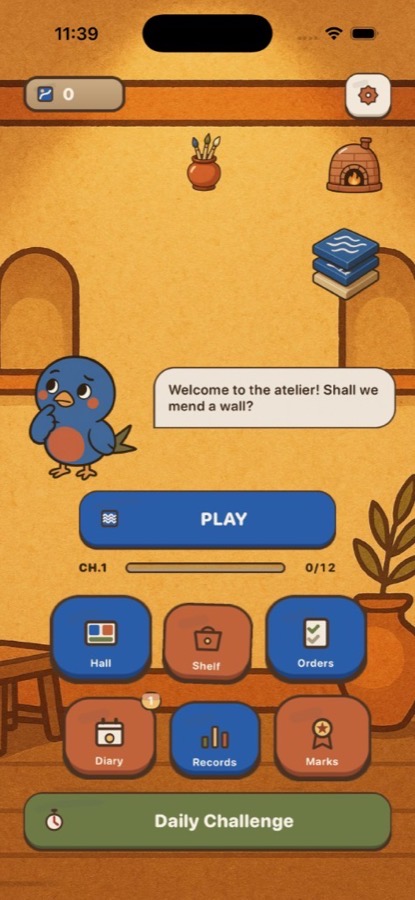 Atelier home with Play and workshop buttons